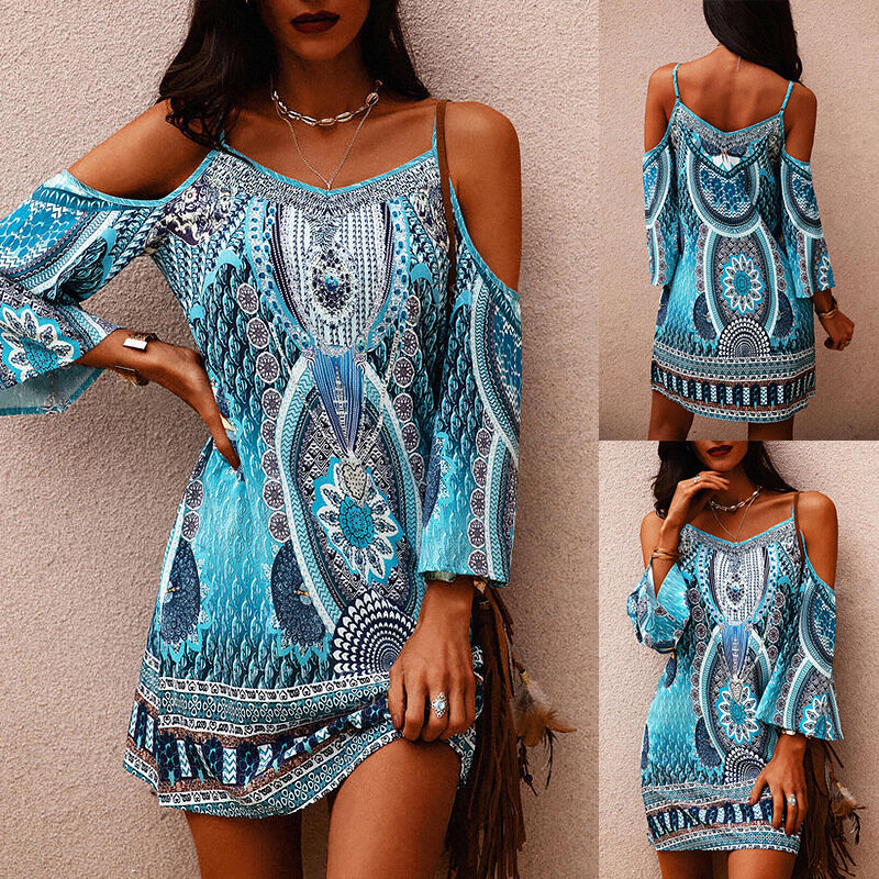 2022 Summer Hot Style European And American Printed Round Neck Pullover Hollow Short Sleeve Off Shoulder Sexy Sling Short Dress