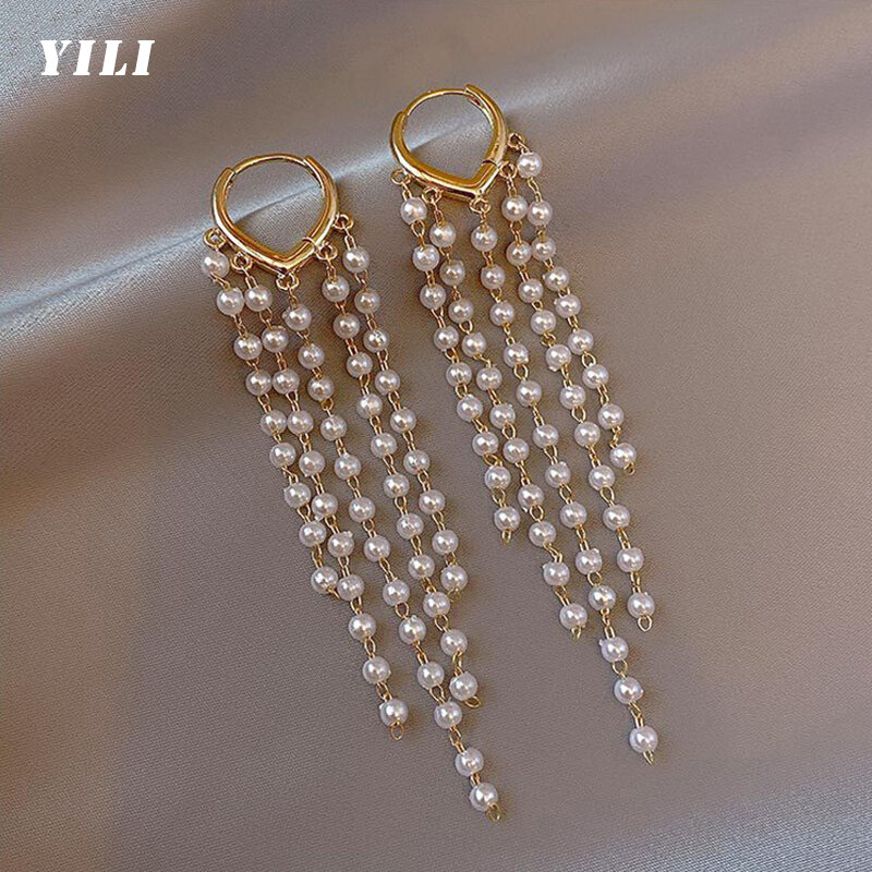 Korean Long Pearl Tassel Earrings Women 2022 New Fashion Gold Hoop Pearl Earrings Ear Clip Luxury Elegant Earrings
