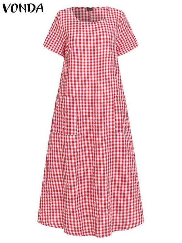 Vestido feminino vintage boêmio maxi vestido longo solto vestido de verão xadrez impresso vestido de verão vonda casual robe femme