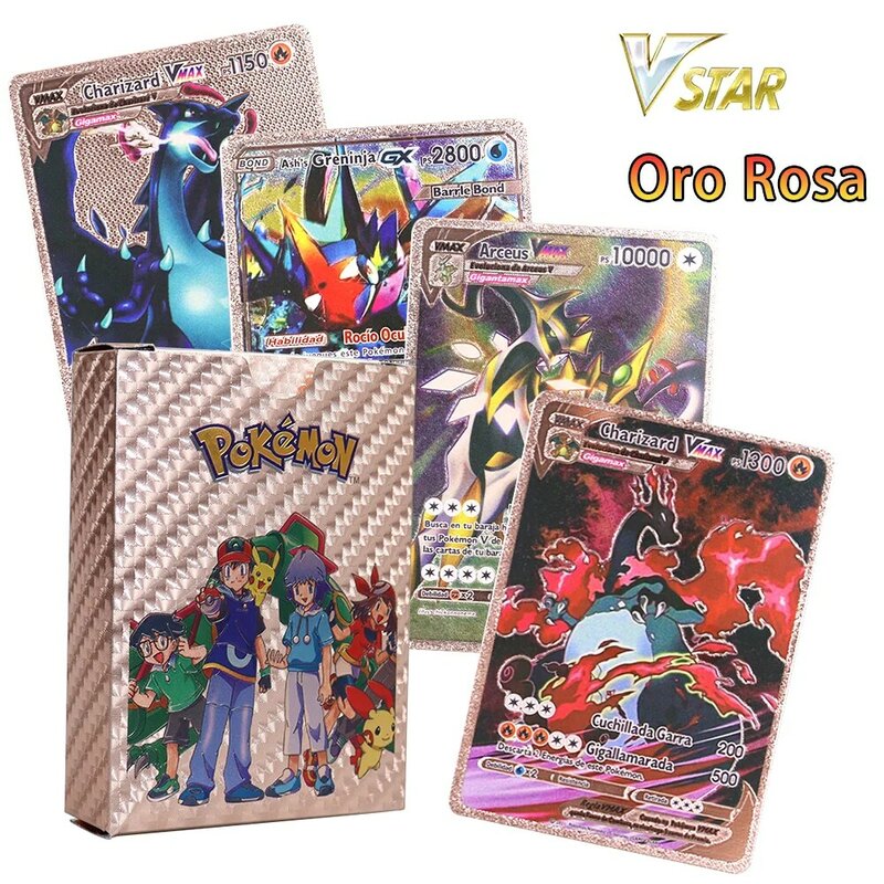 Boîte de cartes en feuille d'or rose Pokémon, Vstar Arc192., Charizard, Pikachu, Vmax, GX, MEGA, Rare Collection, Silver Black Battle Trainer, 10000HP