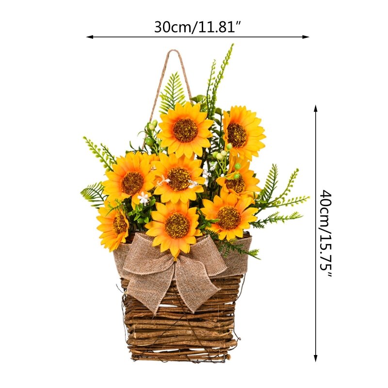 X7YC Artificial Sunflower with Flower Basket Garland Simulation Hanging Wreath Ornament for Summer Farmhouse Front Door Decor