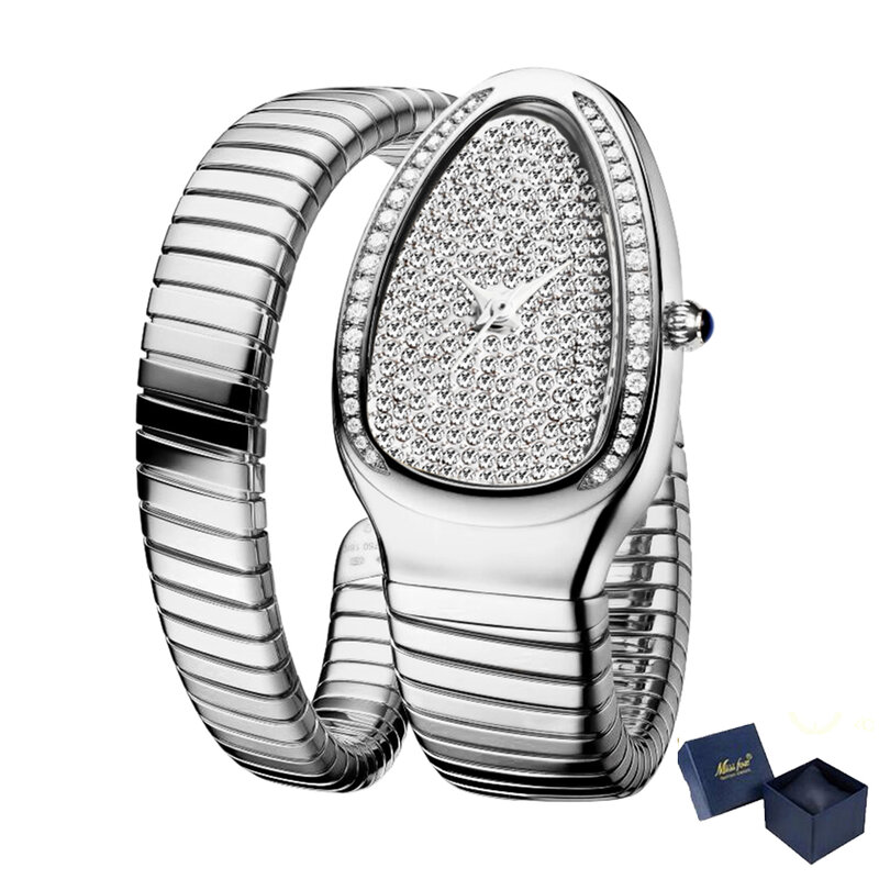 Missfox-女性のための豪華なヘビの頭の形をしたブレスレット,完全なダイヤモンドの腕時計,クォーツ時計,ユニセックス
