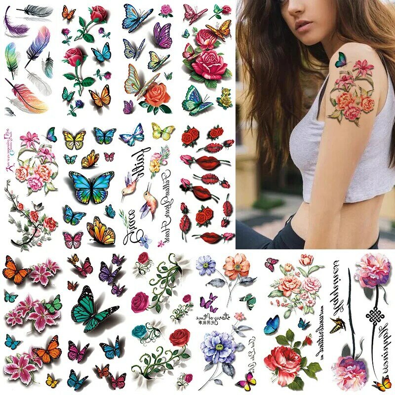 Pegatinas de tatuaje de flores de colores, tatuajes temporales de arte de vientre, Tato Sexy, mariposa, pluma, tatuajes falsos para mujeres 3D, venta al por mayor