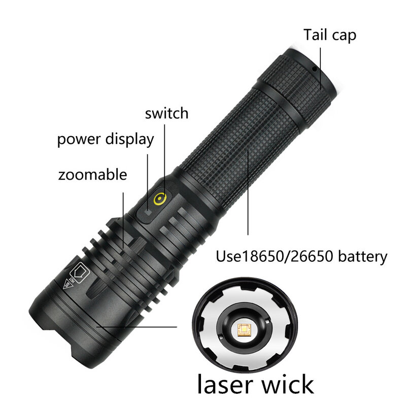 Linterna láser blanca de tiro de largo alcance, enfoque láser, Zoom telescópico tipo C, carga USB, carcasa de aleación de aluminio