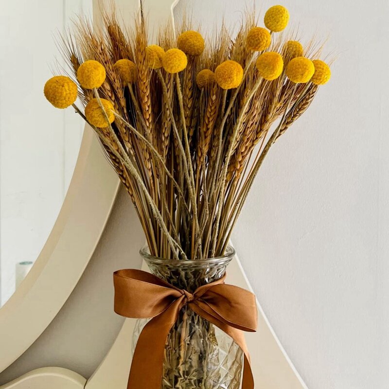 Tiges de blé séchées pour la décoration, 100 pièces, 15 tiges, boutons en boules jaunes, fleurs artificielles d'automne et d'automne
