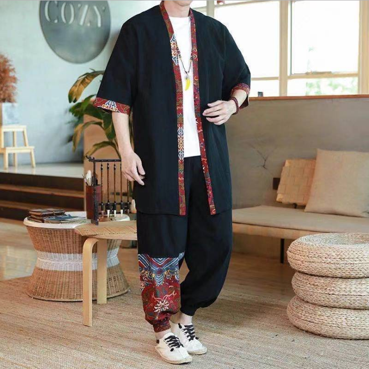 Vintage Chinese Men Summer Thin Kimono Shirt&Pants 2PCS Cardigan Tang Suit Retro Japanese Kimono Robe Casual Suit Clothing Sets