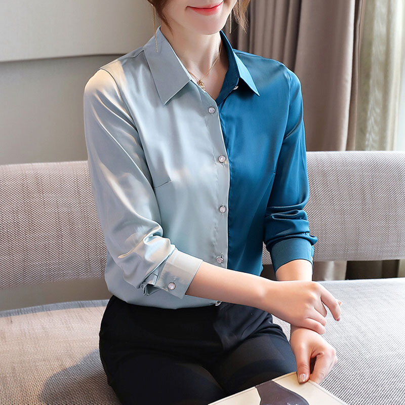 ผ้าไหมเกาหลีเสื้อผู้หญิงแขนยาวซาตินเสื้อ OL Elegant ผู้หญิง Patchwok ผ้าไหมเสื้อสำนักงาน Lady ซาติน XXL สตร...