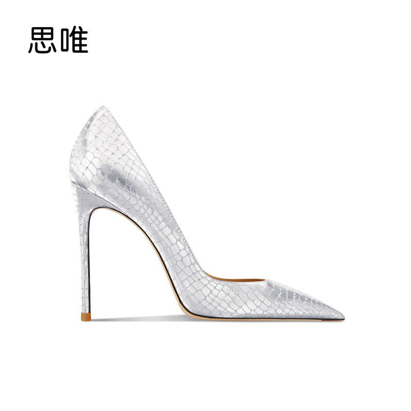 Genuine Leather Silver Glitter High Heels Shoes Woman Pumps Thin heel Pointed Toe Stilettos Luxury Sexy Wedding Shoes Bride Shoe