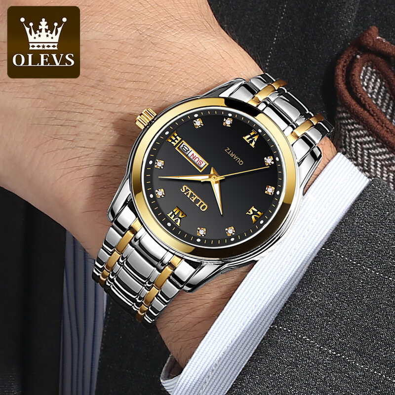 OLEVS Stainless Steel Strap Quartz Men Wristwatches Dual Calendar High Quality Waterproof Fashion Watches for Men Calendar