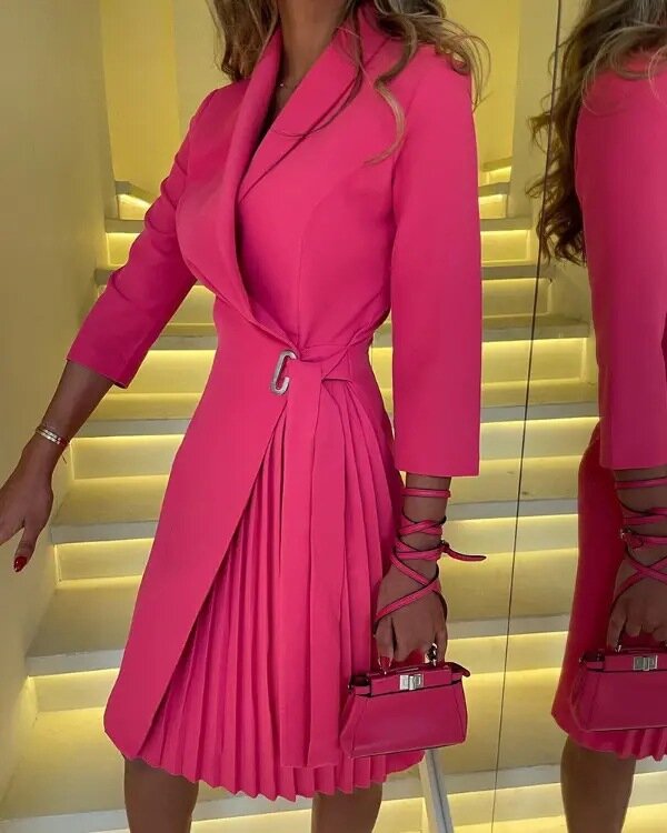 Elegante Revers Taille Blazer Kleid Frauen Casual Puff Langarm Solide Kleid Mode Zweireiher Taste Mit Gürtel Mini Kleider
