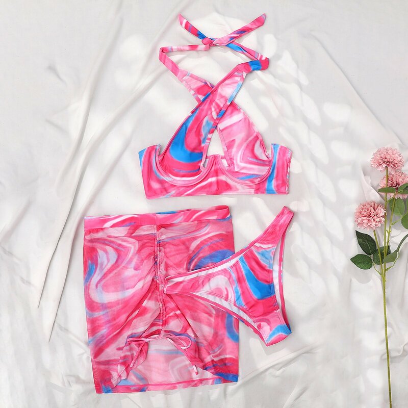 Athletic Swimsuits with Shorts Rotating Printed Waist Sexy Lace-up Steel Three-piece Swimsuit Women's Support High Swimwears