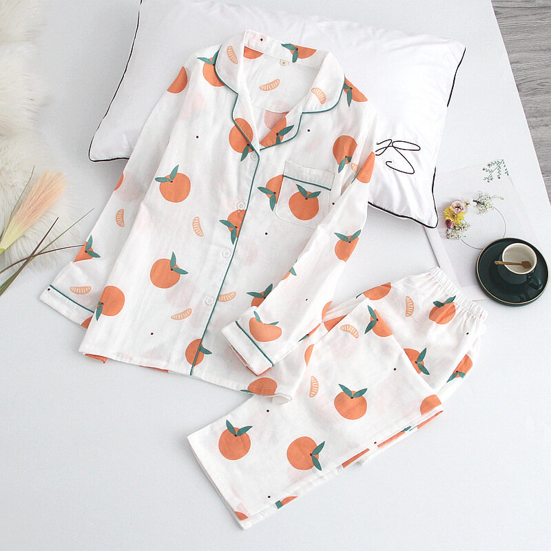 Set Piyama Katun Pakaian Tidur Wanita Kain Kasa Ganda Musim Semi Musim Gugur Kerah Tipis Celana Panjang Lengan Panjang Pakaian Santai Rumah Pakaian Santai