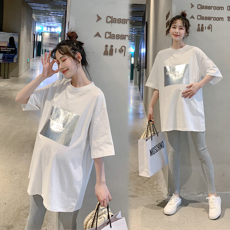 8132# Summer Casual Cotton Maternity Tees Large Size Loose T Shirt Clothes for Pregnant Women Pregnancy Tops