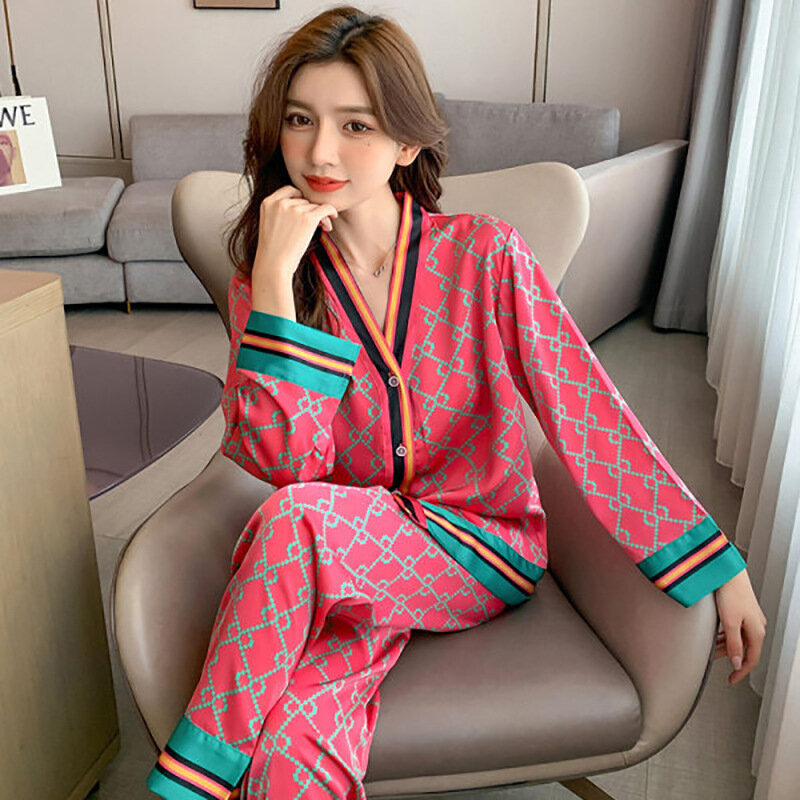 女性の新ジャカード薄型シルク夏パジャマ2022春の新スタイルのロングスリーブ女性パジャマセットアイスシルクパジャマ
