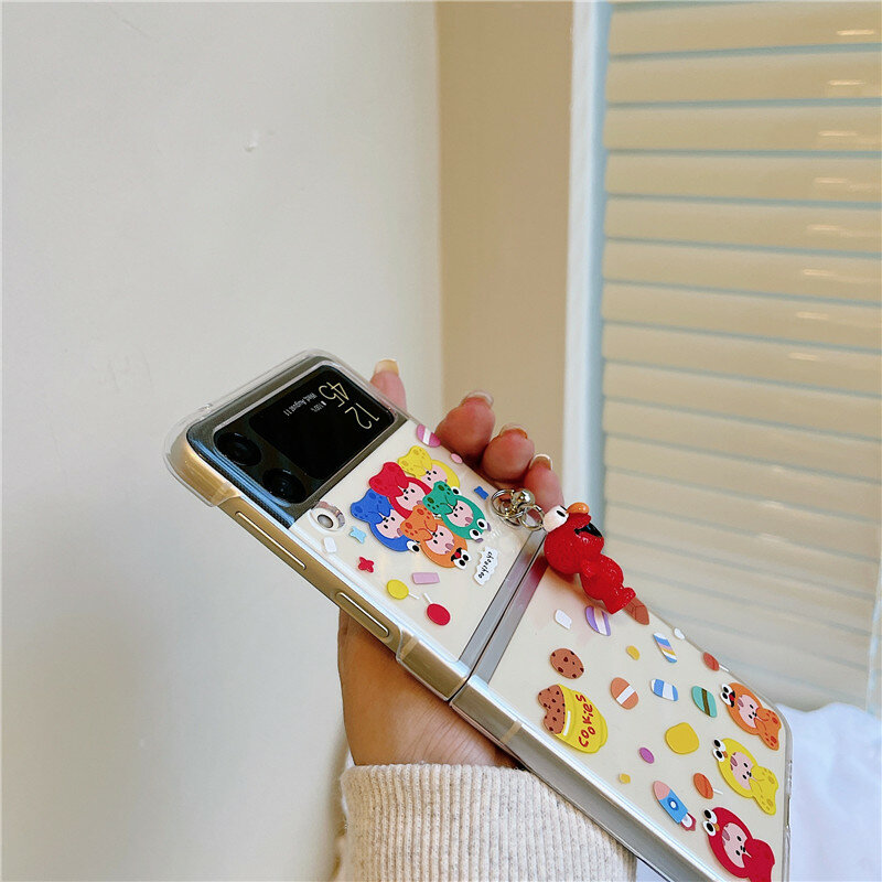 Cute Cartoon Phone Cases For Samsung Galaxy Z Flip 4 3 2 1 Cartoon Sesame Street Pendant Cover Case For Samsung Z Flip4 Flip3 5G