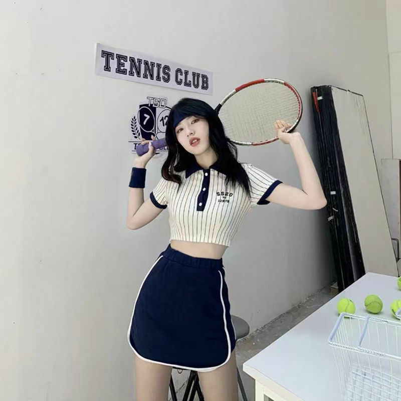 INS Tennis Sports Wind Casual Suit Women's Short Striped American Baseball Top Hips Yoga Skirt