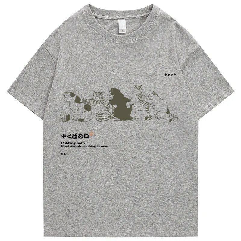 2022 Camiseta Masculina Hip-Hop Cuarjadinya Kanji Harajuku Engreçado Gato Camiseta Verão Manga Curta Camiseta Algodão Esampado