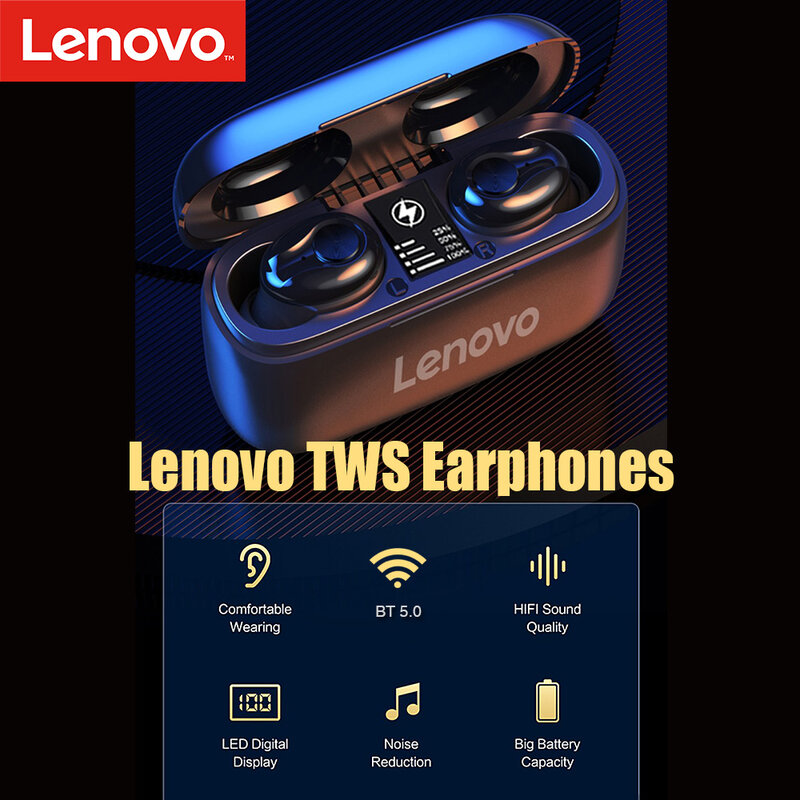 Lenovo Wireless Headphones Bluetooth Earphone EarBuds 5.0 Earphone 1000mAH Battery LED Display Earbuds HIFI Headset Charging Box