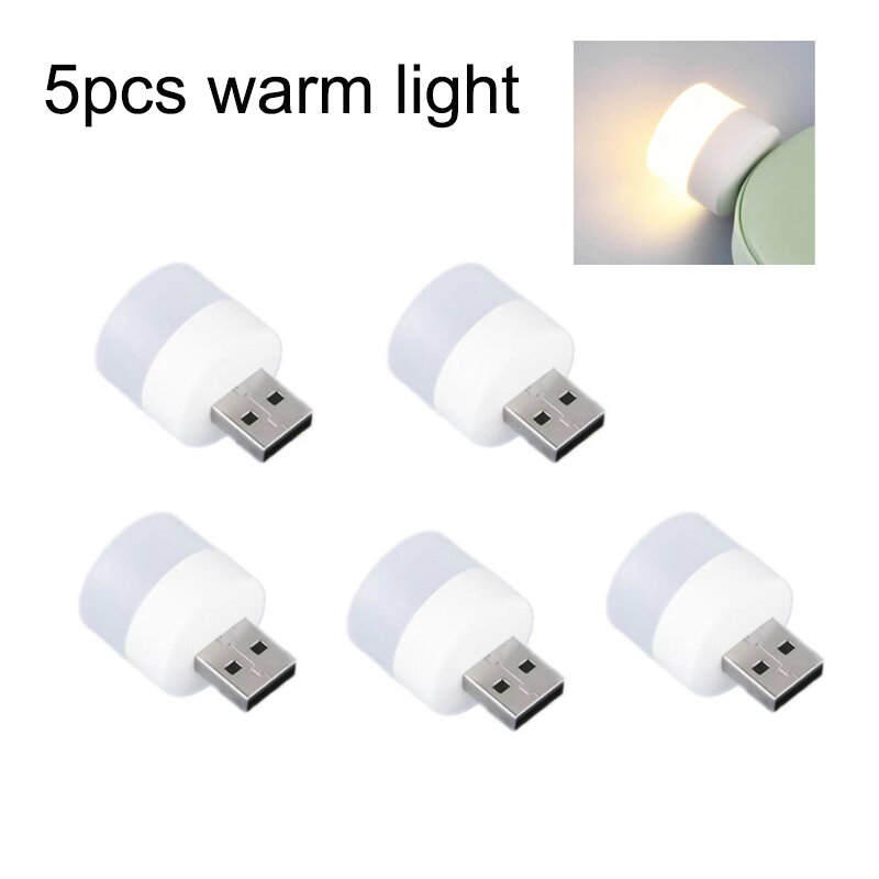 Portátil USB Night LED Light, Mini luz redonda, proteção ocular, livro, 5V, 5Pcs