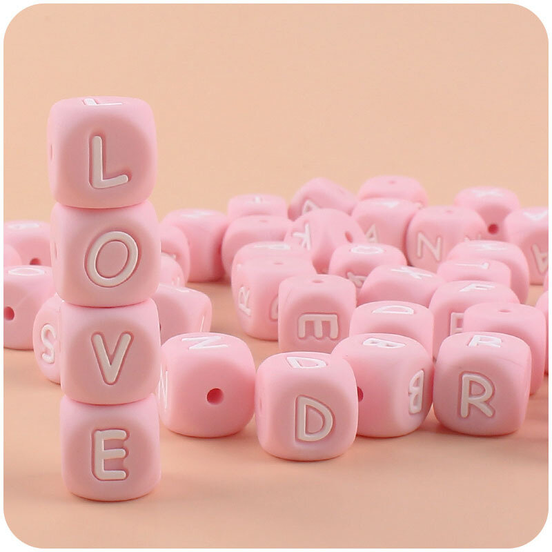 10 pçs 12mm contas de silicone letras rosa personalizado chupeta corrente com nome alfabeto inglês diy bebê acalmar mordedores mamilo brinquedo