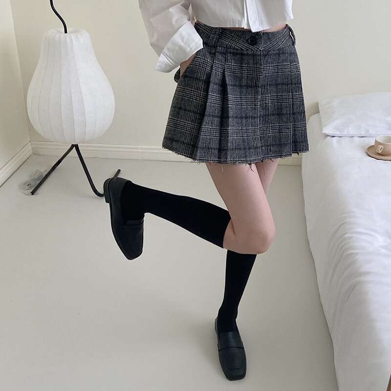韓国スタイルの女性用チェックスカート,プリーツスカート,ハイウエスト,2019年春秋