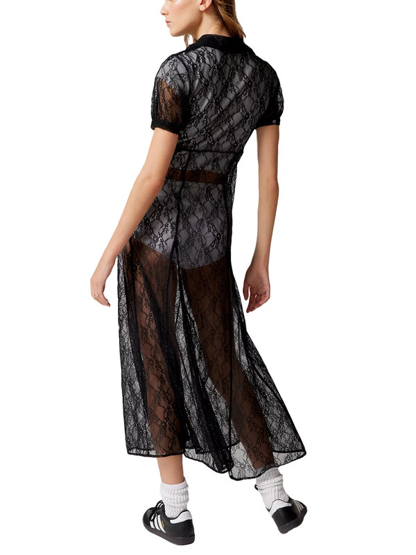 Robe de cocktail mi-longue noire pour femme, manches courtes, col en V, dentelle transparente, dentelle florale, robe longue, été, nouveau