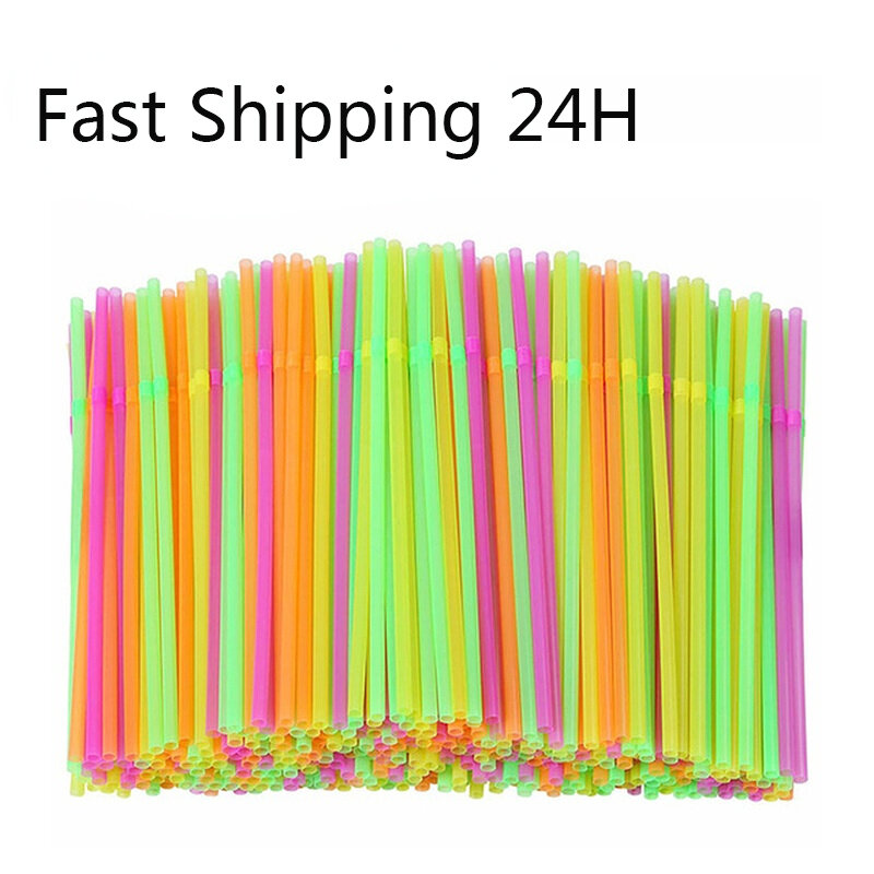 100Pcs Fluorescent Color Straw Plastic Disposable Long Elbow Straws Cocktail Drinking For Kitchen Beverage Accessories Tableware