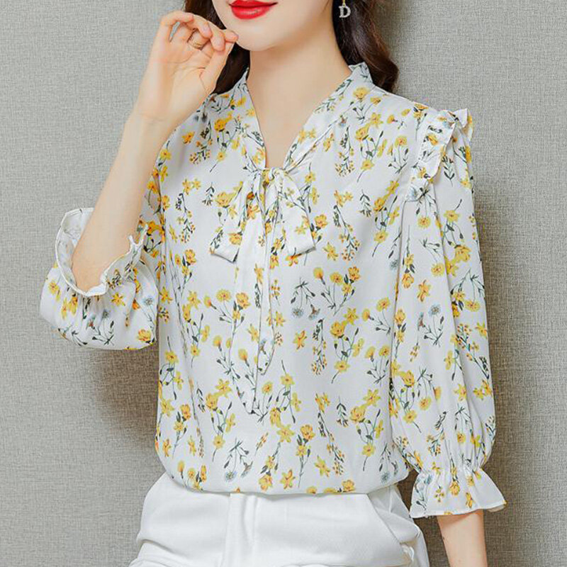 Primavera outono chiffon floral moda estética superior feminino lanterna manga casual solto senhora camisa elegante flor roupas femininas