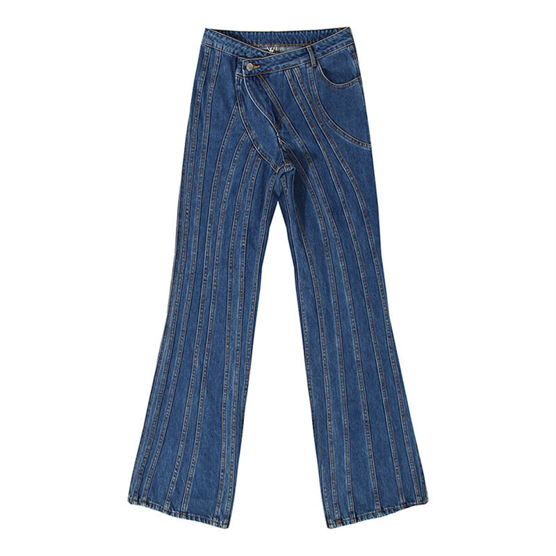 High street roupas femininas personalidade assimétrica oblíqua cintura placket multi-linha dividir retalhos estrutura jeans sob medida