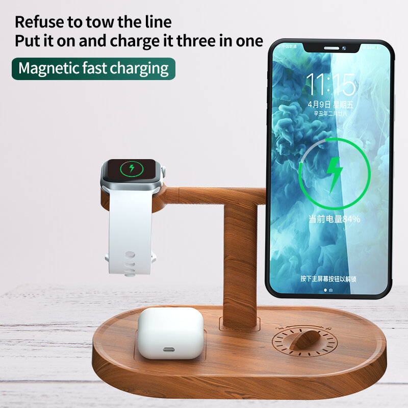 Ilepo Magnetische Charger 3 In 1 Bamboe Hout 15W Draadloze Oplader Station Snel Opladen Voor Mobiele Telefoon Smart Horloge oortelefoon