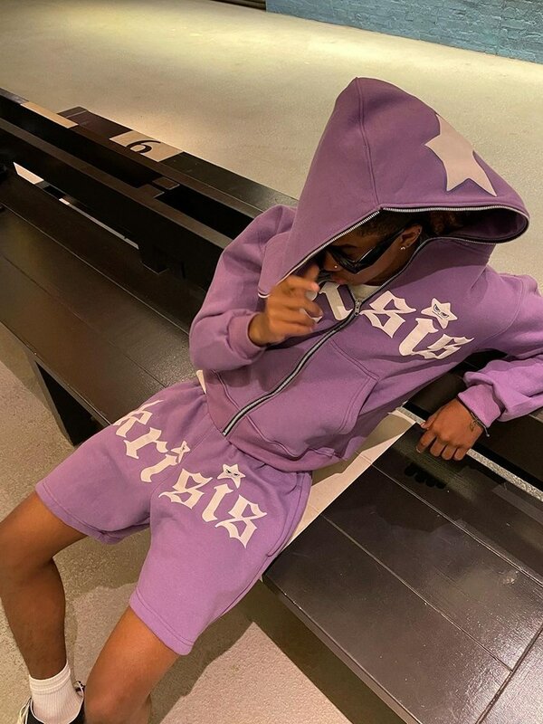 Y2K Hoodie Gambar Huruf Bintang Mantel Jaket Longgar Lengan Panjang Zip Up Mode Pria Harajuku Kaus Bertudung Gotik Pakaian Remaja