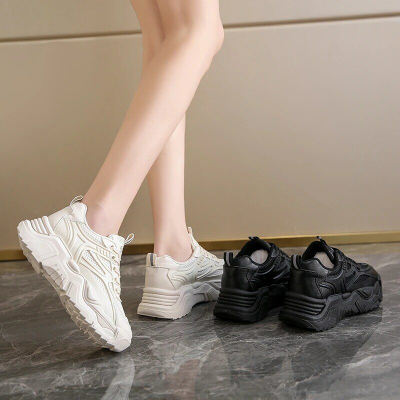Women Chunky รองเท้าผ้าใบรองเท้าวิ่งรองเท้าแฟชั่นหญิงใหม่สีดำสีขาวแพลตฟอร์มหนาสบายๆผู้หญิง Vulcanize ...