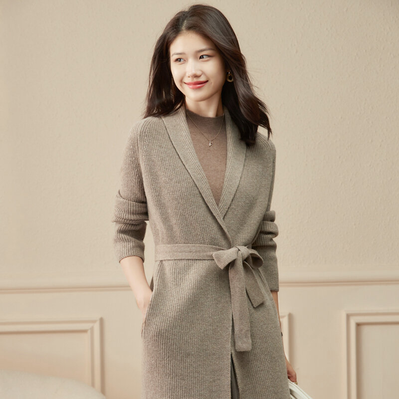 New Autumn And Winter Loose Padded Lace-Up Womane 100% Pure Wool Cardigan Long Coat Knitted Coat