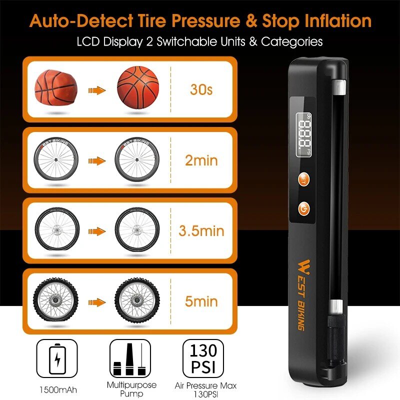 WEST BIKING Bicycle Electric Pump Air Compressor 130PSI Wireless Portable Tire Inflator Bike Motorcycle Ball Fast Inflate Pump