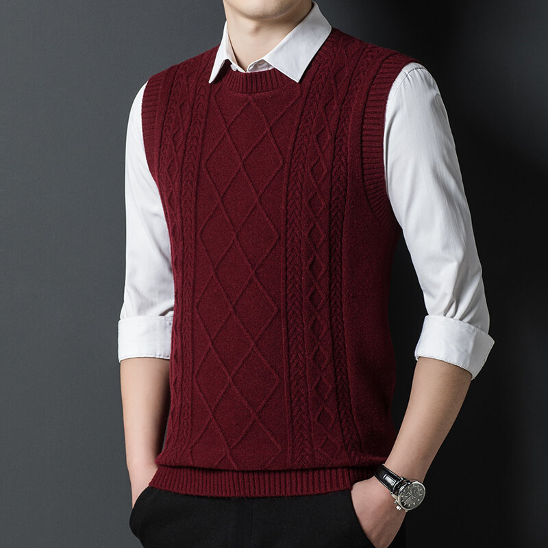Chaleco de cuello redondo para hombre, suéter informal con cuello en V, sin mangas, para Otoño e Invierno