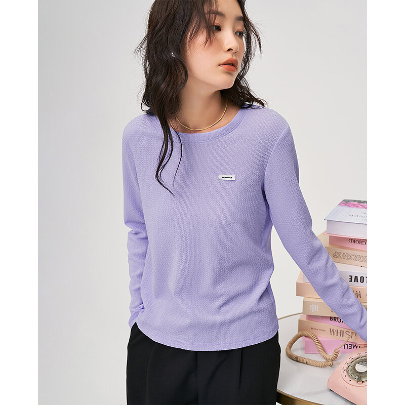 Kaus Wanita Toyouth 2022 Kaus Longgar Kerah O Lengan Panjang Musim Gugur Tekstur Geometris Atasan Streetwear Kasual Putih Ungu