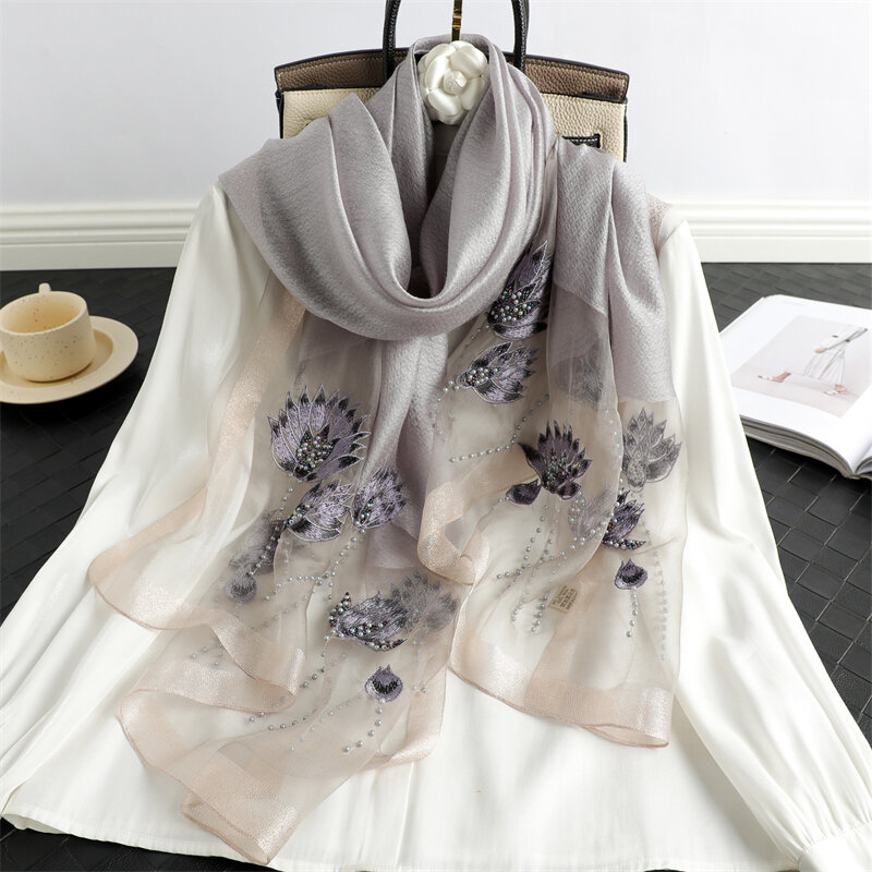 Bufanda de seda de lana de lujo para mujer, pañuelo con estampado Floral de perlas, pañuelo para el cuello, Hijab femenino, chal de diseño Echarpe