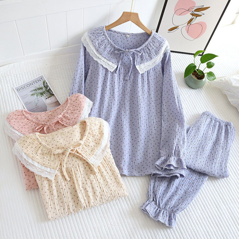 Pijamas japoneses lavados de algodão crepe feminino laço bonito laço floral pijamas terno de manga comprida calças pulôver casa serviço conjunto