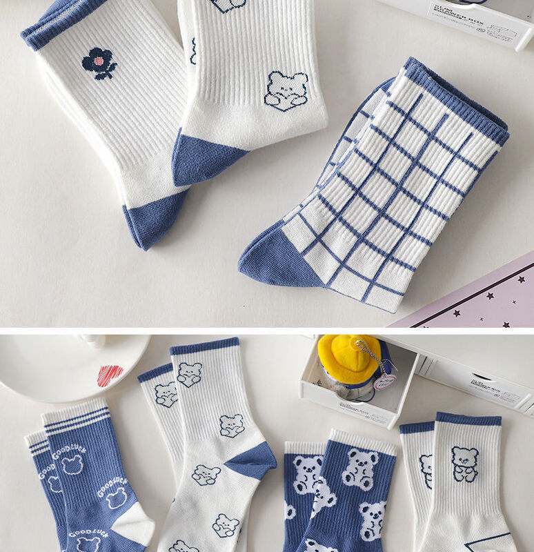 Mulher meias japão harajuku desenhos animados urso imprimir criativo listrado xadrez branco azul kawaii engraçado menina moda skate meias