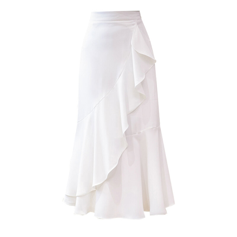 Wisher & Tong czarna spódnica syrenka kobieta moda 2022 elegancka i elegancka, długa spódnica wysokiej talii Ruffles białe spódnice Midi Jupe Femme