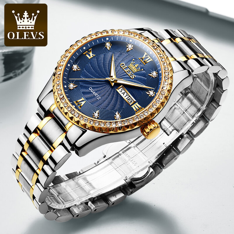 OLEVS wodoodporne biznesowe męskie zegarki na rękę kwarcowy stalowy pasek ze złotym diamentem inkrustowane zegarki luksusowe dla mężczyzn Luminous