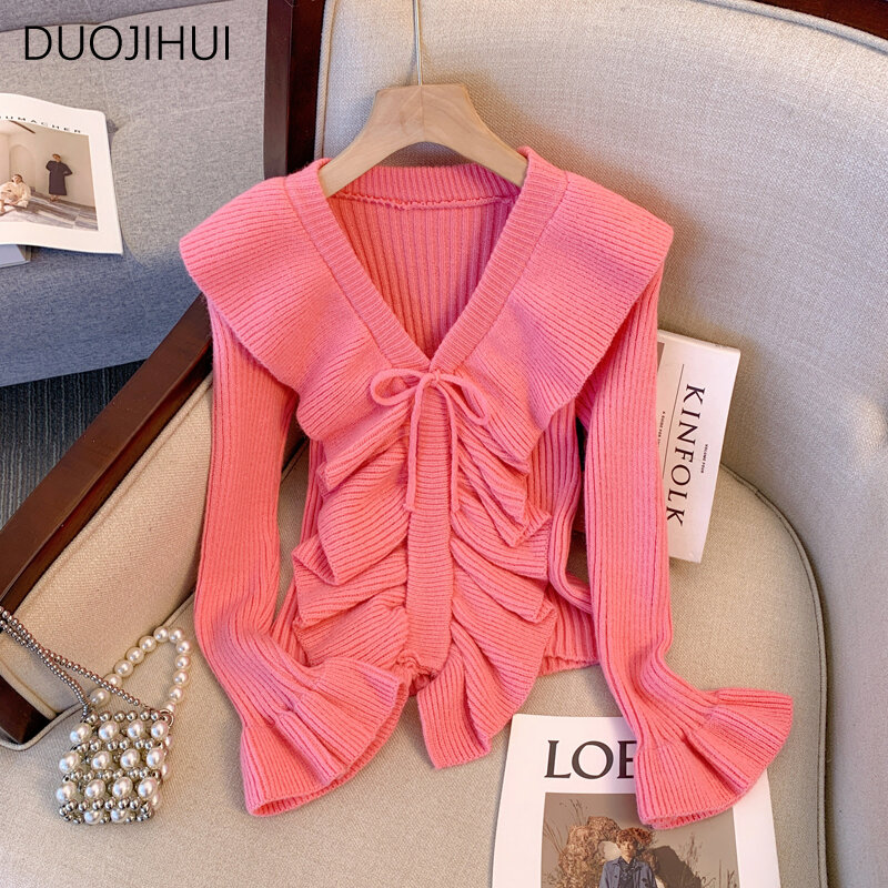DUOJIHUI Autumn New Chic Knitting Simple Female Pullovers Elegant V-neck Fashion Lace-up Casual Basic Pure Color Women Pullovers
