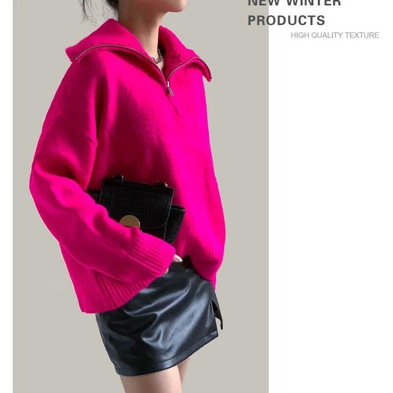Pull rose rouge pour femme, pulls avec fermeture éclair, vêtements optiques, grand style paresseux, doux, automne, hiver, Y2K