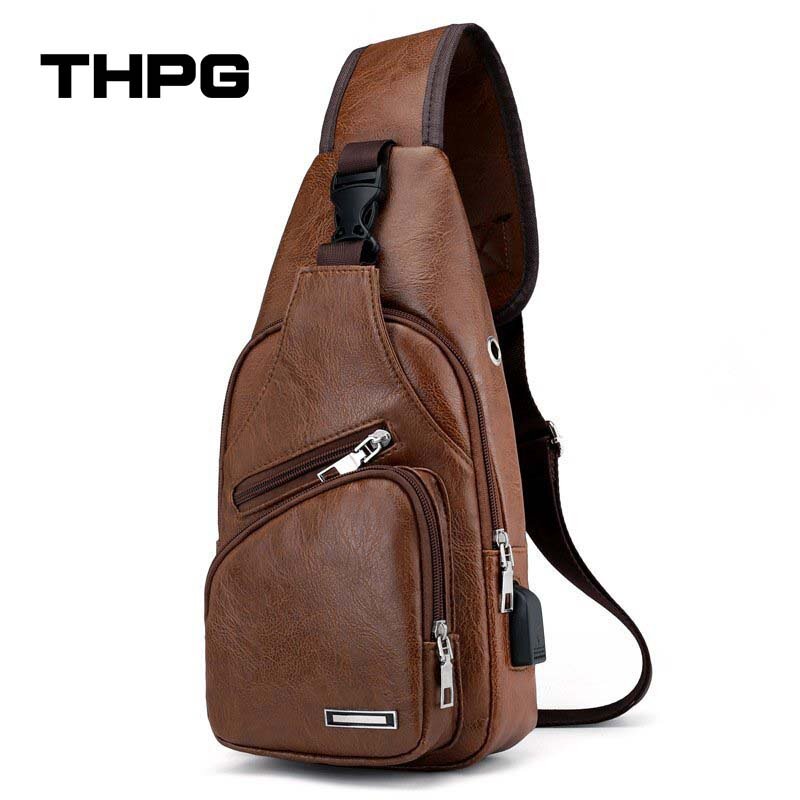 THPG Usb شحن حقيبة الصدر مع ثقب سماعة الرجال متعددة الوظائف حزام واحد مكافحة سرقة حقيبة الصدر مع حزام الكتف قابل للتعديل