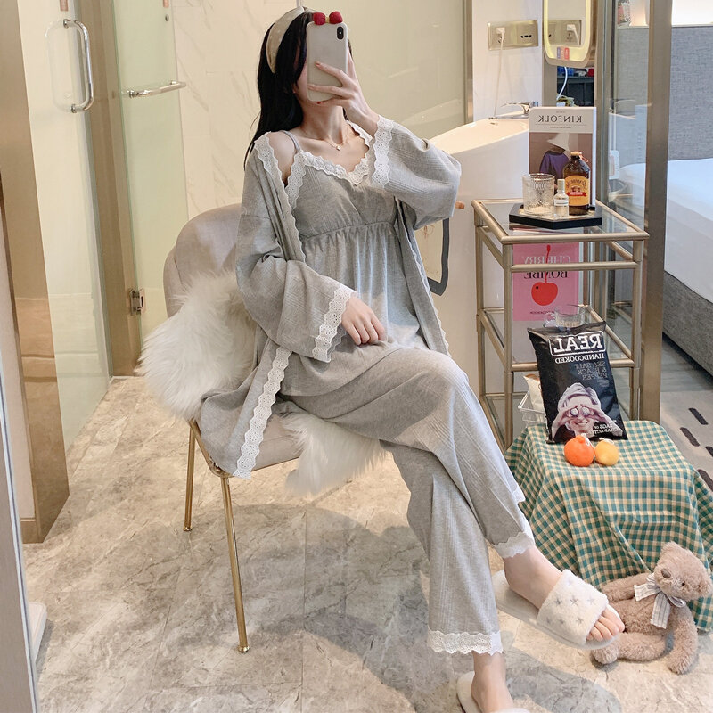 Pijamas de alimentação grávida ternos chic ins algodão retalhos rendas maternidade enfermagem conjuntos de roupa para as mulheres sexy gravidez