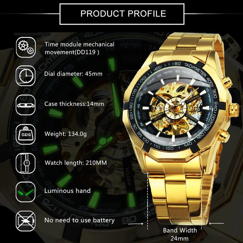 Winner Watch ผู้ชายนาฬิกาข้อมือผู้ชายแบบวินเทจนาฬิกากลไกโครงสีทองอัตโนมัติลายโครงกระดูกแบรนด์หรูชั้นนำ