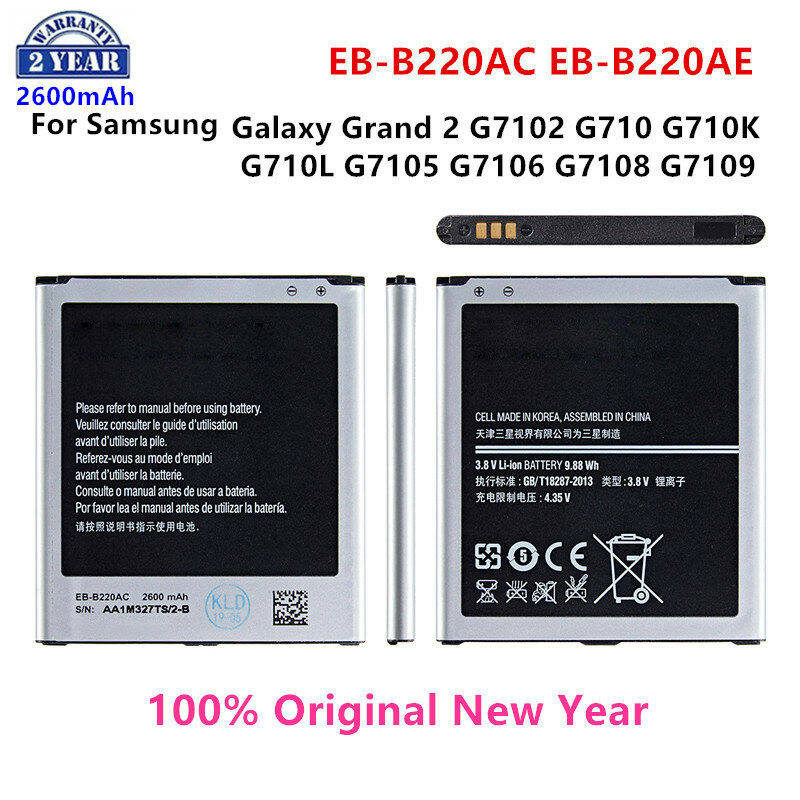 Samsung-bateria original eb-b220ac eb-b220ae, 2600mah, para galaxy grand 2 g7102 g710 g710k g710l g7105 g7106 g7108 g7109