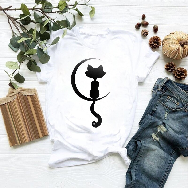 Camiseta de manga corta con estampado de gato para mujer, blusa gótica cómoda de alta calidad para verano, nueva moda
