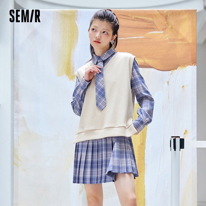 SEMIR Suit Female Preppy Style 2021 Early Autumn New Japanese Women'S Plaid Dress Solid Color Vest Two-Piece Set