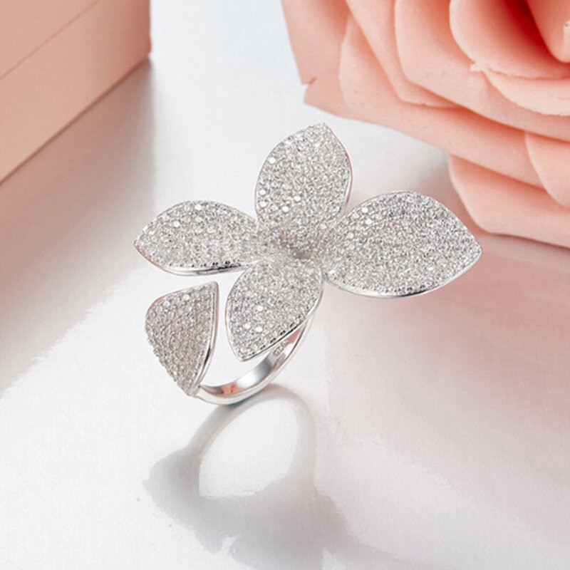 UILZ Trendy Clover Shape Open Rings for Women Luxury Cubic Zircon Adjustable Ring Party Wedding Jewelry
